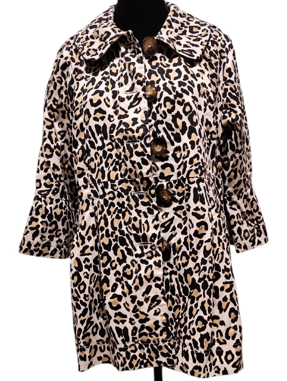 Appraisal- Leopard Print Light Weight Button-Front Coat - Black & Cream XL